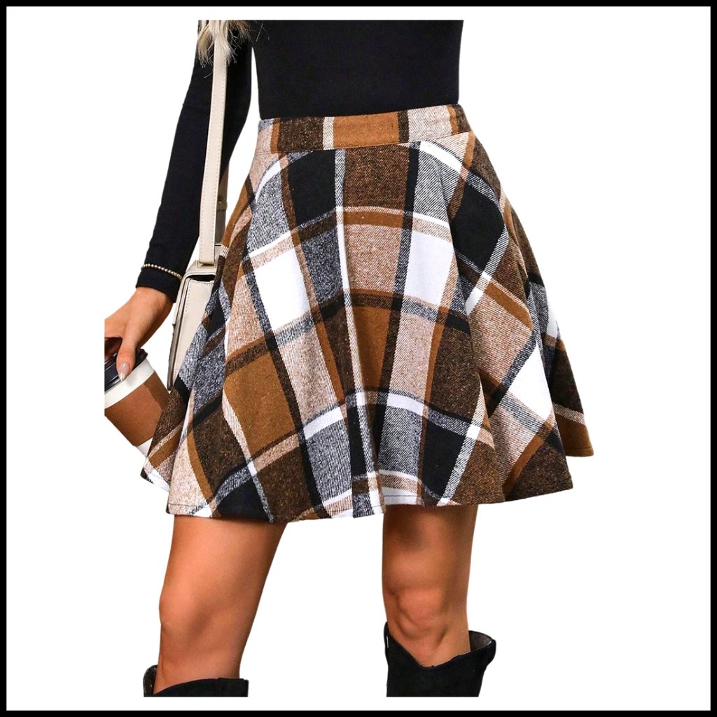 Plaid Flannel Skater Skirt High Waisted Flared Vintage Office Fall